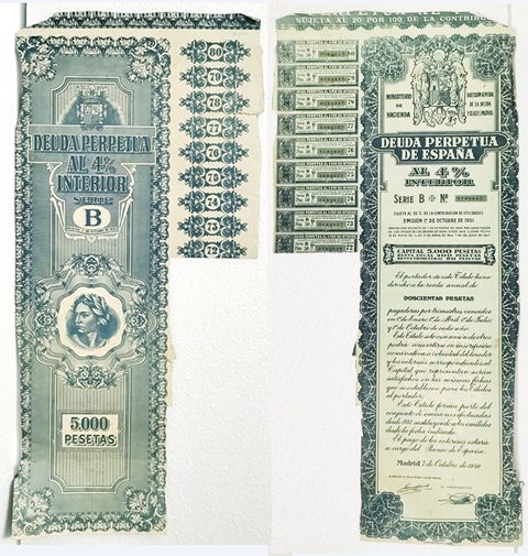 ACCION ORIGINAL DEUDA PERPETUA DE ESPAÑA AL 4% INTERIOR Nº 0129227 CAPITAL 5000 PESETAS 1951