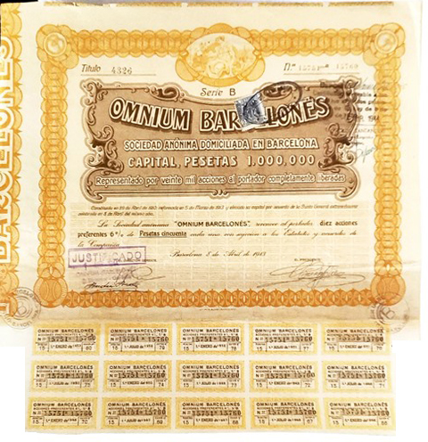OMNIUM BARCELONES S.A. CAPITAL 1.000.000 10 ACCIONES 50 PTAS TITULO 4326 Nº 15751 A 15760 1943