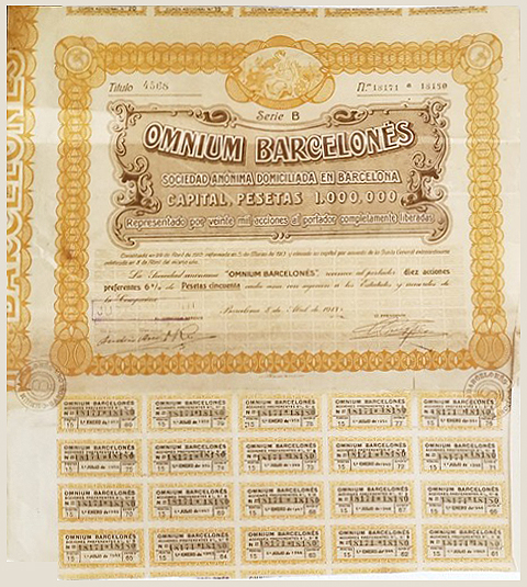 OMNIUM BARCELONES S.A. CAPITAL 1.000.000 10 ACCIONES 50 PTAS TITULO 4568 Nº 18171 A 18180 1943