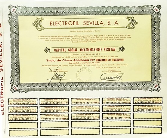 ACCION ELECTROFIL SEVILLA, S.A. TITULO DE 5 ACCIONES Nº 044906 A 044910 5000 PTAS. AÑO 1975