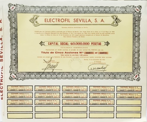 ACCION ELECTROFIL SEVILLA, S.A. TITULO DE 5 ACCIONES Nº 044911 A 044915 5000 PTAS. AÑO 1975