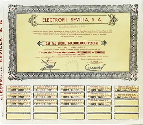 ACCION ELECTROFIL SEVILLA, S.A. TITULO DE 5 ACCIONES Nº 044916 A 044920 5000 PTAS. AÑO 1975