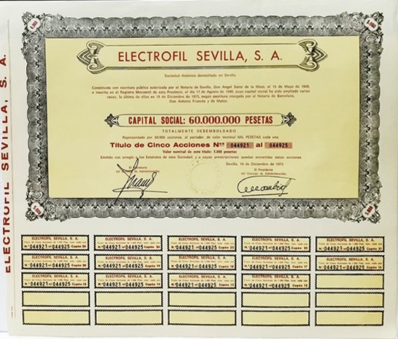 ACCION ELECTROFIL SEVILLA, S.A. TITULO DE 5 ACCIONES Nº 044921 A 044925 5000 PTAS. AÑO 1975