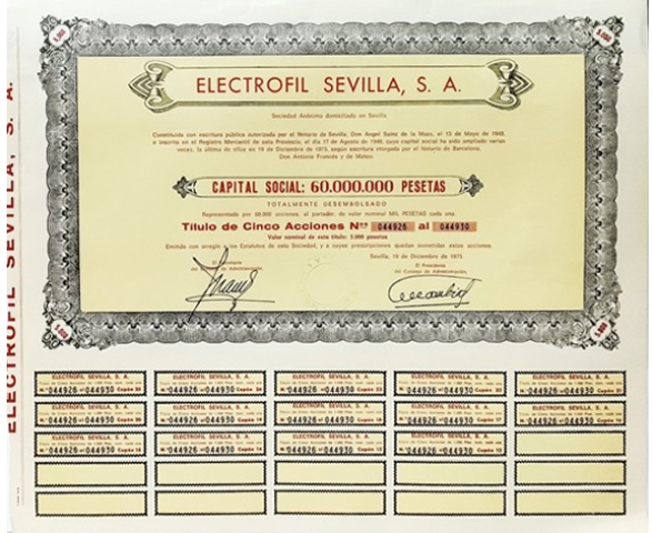 ACCION ELECTROFIL SEVILLA, S.A. TITULO DE 5 ACCIONES Nº 044926 A 044930 5000 PTAS. AÑO 1975