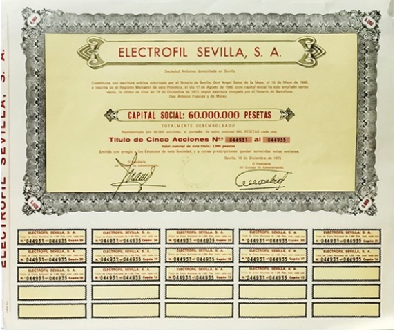 ACCION ELECTROFIL SEVILLA, S.A. TITULO DE 5 ACCIONES Nº 044931 A 044935 5000 PTAS. AÑO 1975