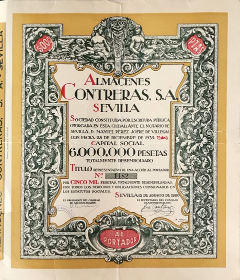 ALMACENES CONTRERAS, S.A. SEVILLA CAPITAL SOCIAL 6.000.000 PTAS ACCION 1182 5000 PTAS 1960