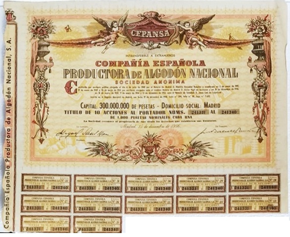 CEPANSA ESPAÑOLA PRODUCTORA ALGODÓN NACIONAL CAPITAL 300 MILL. Nº 241331 A 241340