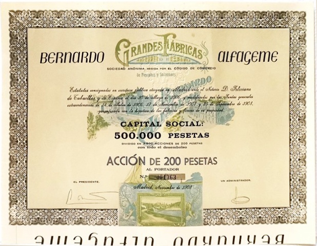 GRANDES FABRICAS BERNARDO ALFAGEME CAPITAL 500.000 PTAS. ACCION 200 PTAS. Nº 001363