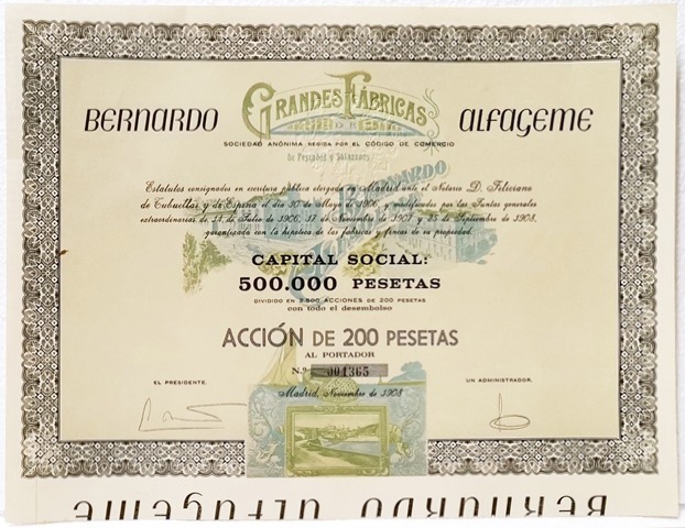 GRANDES FABRICAS BERNARDO ALFAGEME CAPITAL 500.000 PTAS. ACCION 200 PTAS. Nº 001365
