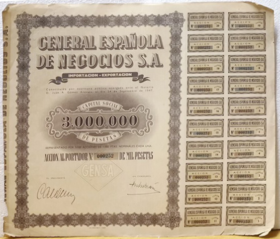 GENERAL ESPAÑOLA DE NEGOCIOS S.A. CAPITAL SOCIAL 3.000.000 ACCION Nº 000252 DE 1000 PTAS