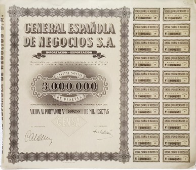GENERAL ESPAÑOLA DE NEGOCIOS S.A. CAPITAL SOCIAL 3.000.000 ACCION Nº 000255 DE 1000 PTAS