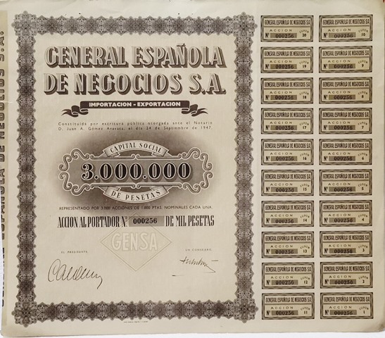 GENERAL ESPAÑOLA DE NEGOCIOS S.A. CAPITAL SOCIAL 3.000.000 ACCION Nº 000256 DE 1000 PTAS