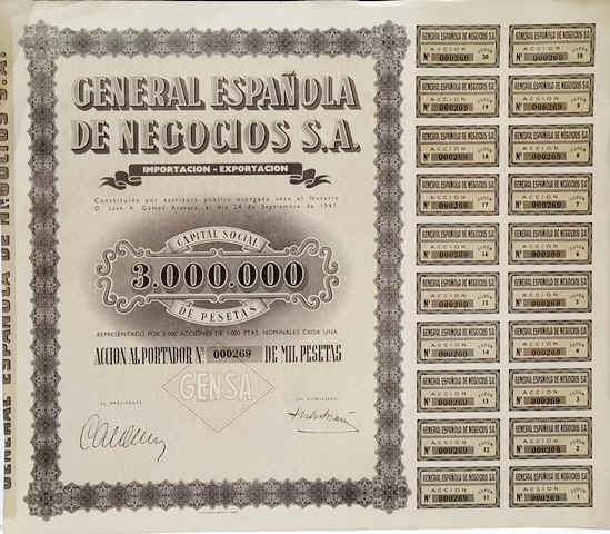 GENERAL ESPAÑOLA DE NEGOCIOS S.A. CAPITAL SOCIAL 3.000.000 ACCION Nº 000269 DE 1000 PTAS