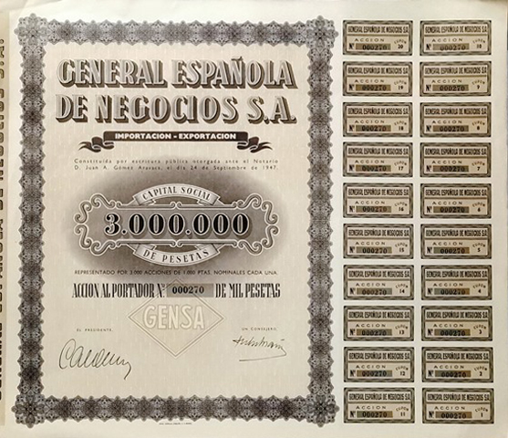 GENERAL ESPAÑOLA DE NEGOCIOS S.A. CAPITAL SOCIAL 3.000.000 ACCION Nº 000270 DE 1000 PTAS