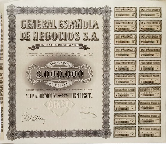 GENERAL ESPAÑOLA DE NEGOCIOS S.A. CAPITAL SOCIAL 3.000.000 ACCION Nº 000274 DE 1000 PTAS