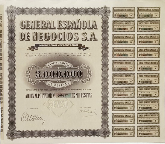 GENERAL ESPAÑOLA DE NEGOCIOS S.A. CAPITAL SOCIAL 3.000.000 ACCION Nº 000277 DE 1000 PTAS