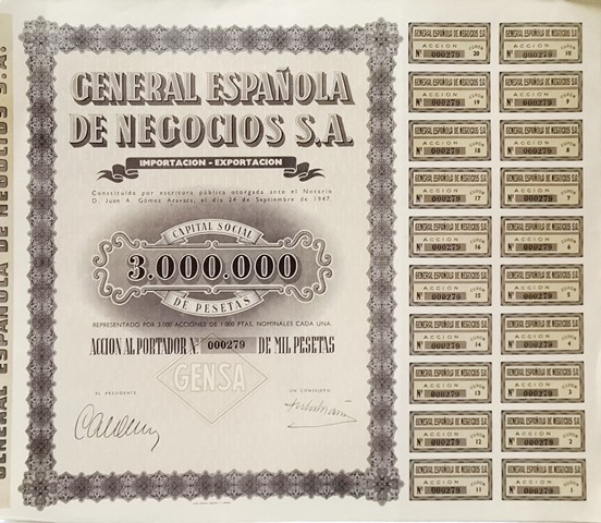 GENERAL ESPAÑOLA DE NEGOCIOS S.A. CAPITAL SOCIAL 3.000.000 ACCION Nº 000279 DE 1000 PTAS