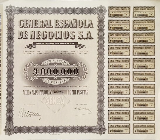 GENERAL ESPAÑOLA DE NEGOCIOS S.A. CAPITAL SOCIAL 3.000.000 ACCION Nº 000282 DE 1000 PTAS