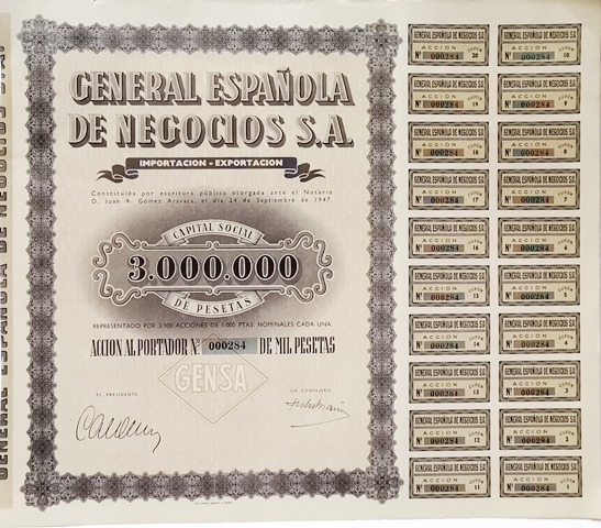 GENERAL ESPAÑOLA DE NEGOCIOS S.A. CAPITAL SOCIAL 3.000.000 ACCION Nº 000284 DE 1000 PTAS