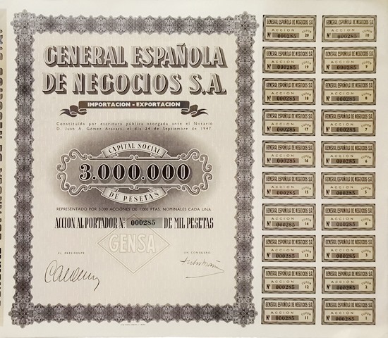 GENERAL ESPAÑOLA DE NEGOCIOS S.A. CAPITAL SOCIAL 3.000.000 ACCION Nº 000285 DE 1000 PTAS