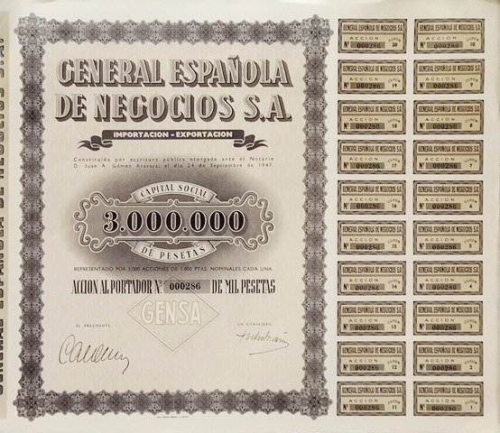 GENERAL ESPAÑOLA DE NEGOCIOS S.A. CAPITAL SOCIAL 3.000.000 ACCION Nº 000286 DE 1000 PTAS
