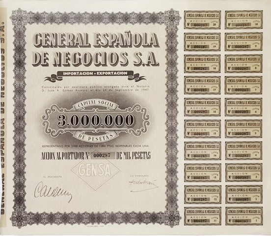 GENERAL ESPAÑOLA DE NEGOCIOS S.A. CAPITAL SOCIAL 3.000.000 ACCION Nº 000287 DE 1000 PTAS