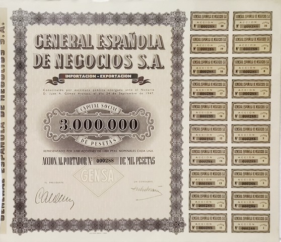 GENERAL ESPAÑOLA DE NEGOCIOS S.A. CAPITAL SOCIAL 3.000.000 ACCION Nº 000288 DE 1000 PTAS