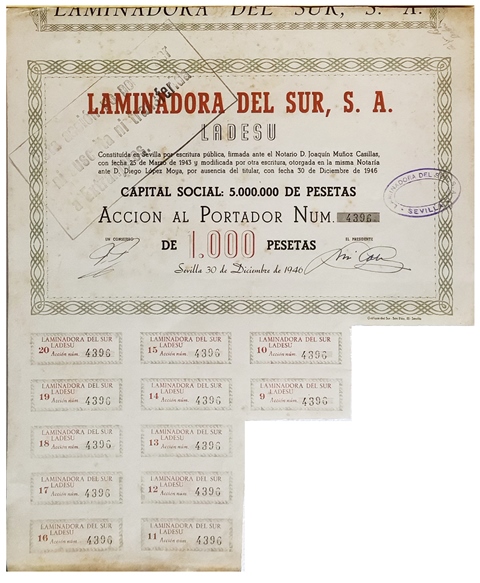 ACCION LAMINADORA DEL SUR, S.A. ACCION Nº 4396 CUPON 9 AL 20 SEVILLA DICIEMBRE 1946