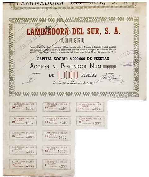 ACCION LAMINADORA DEL SUR, S.A. ACCION Nº 4397 CUPON 9 AL 20 SEVILLA DICIEMBRE 1946