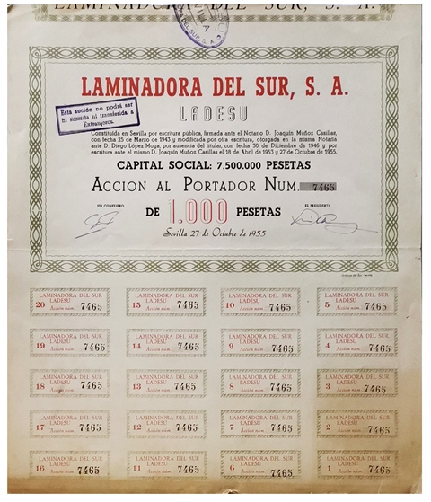 ACCION LAMINADORA DEL SUR, S.A. ACCION Nº 7465 CUPON 1 AL 20 SEVILLA OCTUBRE 1955