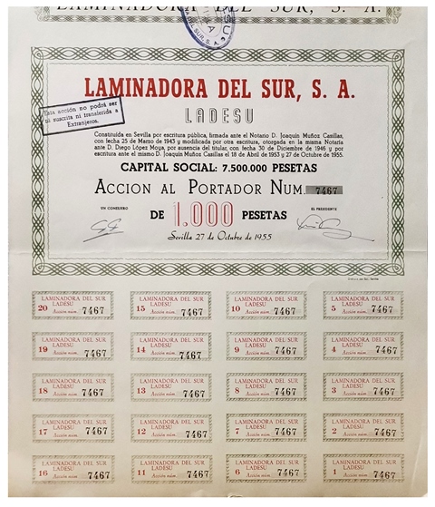 ACCION LAMINADORA DEL SUR, S.A. ACCION Nº 7467 CUPON 1 AL 20 SEVILLA OCTUBRE 1955