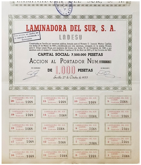 ACCION LAMINADORA DEL SUR, S.A. ACCION Nº 7468 CUPON 1 AL 20 SEVILLA OCTUBRE 1955