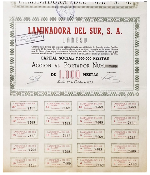 ACCION LAMINADORA DEL SUR, S.A. ACCION Nº 7469 CUPON 1 AL 20 SEVILLA OCTUBRE 1955