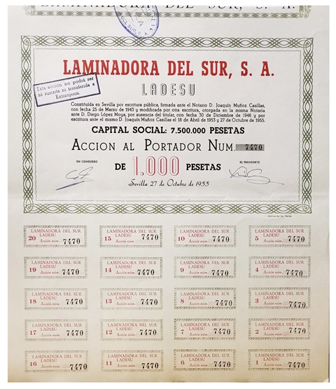 ACCION LAMINADORA DEL SUR, S.A. ACCION Nº 7470 CUPON 1 AL 20 SEVILLA OCTUBRE 1955