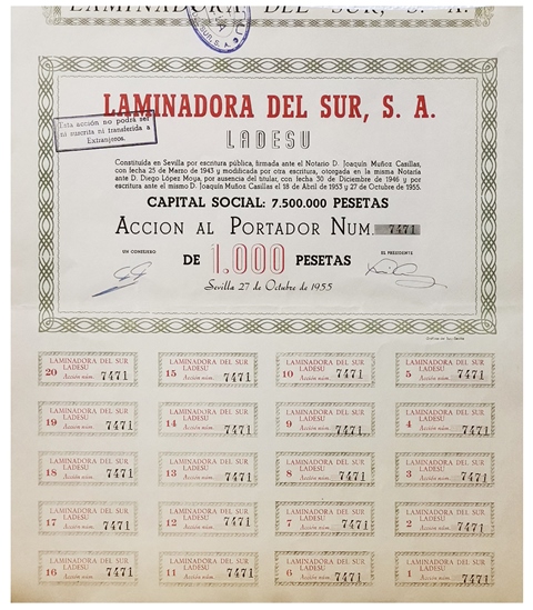 ACCION LAMINADORA DEL SUR, S.A. ACCION Nº 7471 CUPON 1 AL 20 SEVILLA OCTUBRE 1955