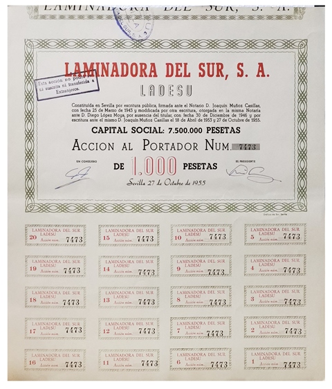 ACCION LAMINADORA DEL SUR, S.A. ACCION Nº 7473 CUPON 1 AL 20 SEVILLA OCTUBRE 1955