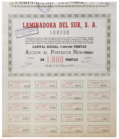ACCION LAMINADORA DEL SUR, S.A. ACCION Nº 7474 CUPON 1 AL 20 SEVILLA OCTUBRE 1955