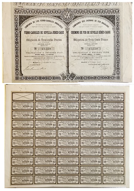 Cª FERRO-CARRILES  ANDALUCES DE SEVILLA-JEREZ-CADIZ OBLIGACION 300 PTAS, Nº 47.559 AÑO 1907