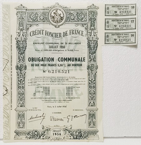 ACCION CREDIT FONCIER DE FRANCE OBLIGATION COMMUNALE Nº 0.210.518 JUILLET 1956