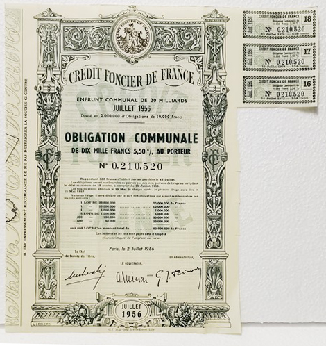 ACCION CREDIT FONCIER DE FRANCE OBLIGATION COMMUNALE Nº 0.210.522 JUILLET 1956