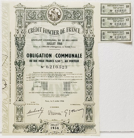 ACCION CREDIT FONCIER DE FRANCE OBLIGATION COMMUNALE Nº 0.210.519 JUILLET 1956