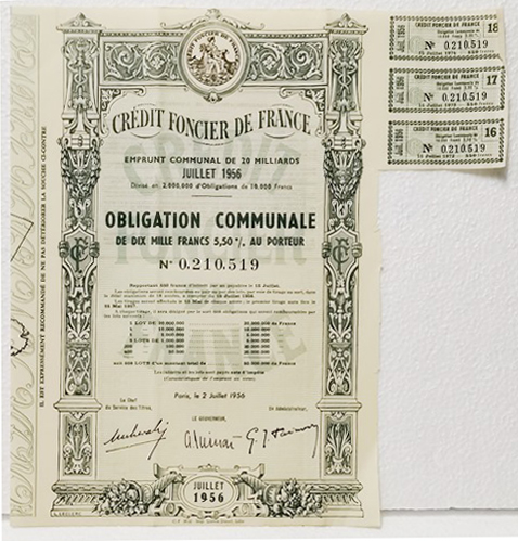 ACCION CREDIT FONCIER DE FRANCE OBLIGATION COMMUNALE Nº 0.210.523 JUILLET 1956
