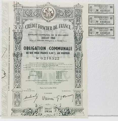 ACCION CREDIT FONCIER DE FRANCE OBLIGATION COMMUNALE Nº 0.210.520 JUILLET 1956