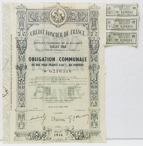 ACCION CREDIT FONCIER DE FRANCE OBLIGATION COMMUNALE Nº 0.210.521 JUILLET 1956