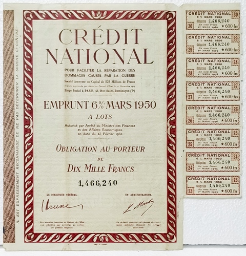 ACCION CREDIT NATIONAL OBLIGACION 10.000 FRANCOS Nº 1.466.240 MARZO 1978