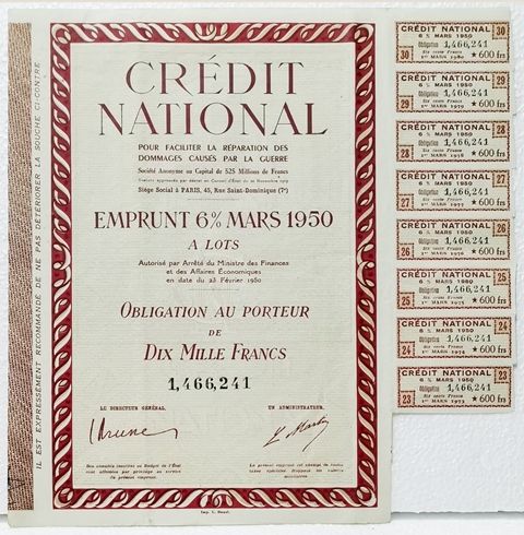 ACCION CREDIT NATIONAL OBLIGACION 10.000 FRANCOS Nº 1.466.241 MARZO 1978