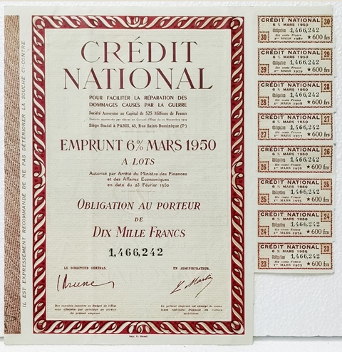 ACCION CREDIT NATIONAL OBLIGACION 10.000 FRANCOS Nº 1.466.242 MARZO 1978