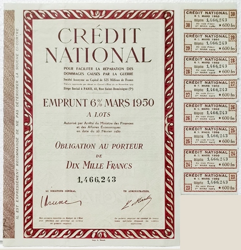 ACCION CREDIT NATIONAL OBLIGACION 10.000 FRANCOS Nº 1.466.243 MARZO 1978