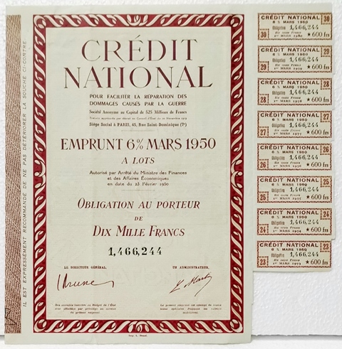 ACCION CREDIT NATIONAL OBLIGACION 10.000 FRANCOS Nº 1.466.244 MARZO 1978