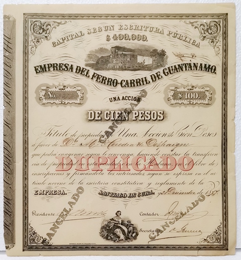 EMPRESA DE FERROCARRIL DE GUANTANAMO 1 ACCION 100 PESOS 31-12-1877 DUPLICADO